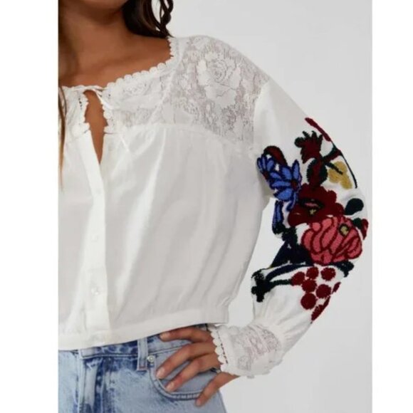 Free People White Blouse with Floral Embroidery - Picture 4 of 15